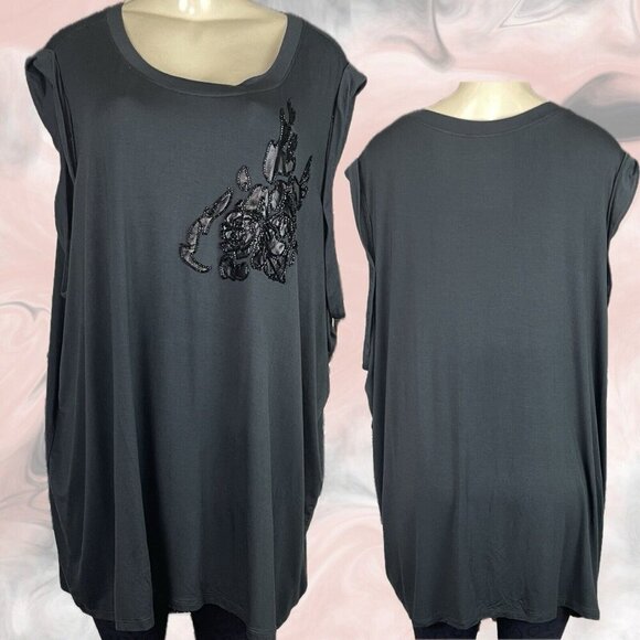 Torrid +6 Black Beaded Faux Leather Floral Flame Graphic Roll Muscle Sleeve Top - Picture 1 of 6